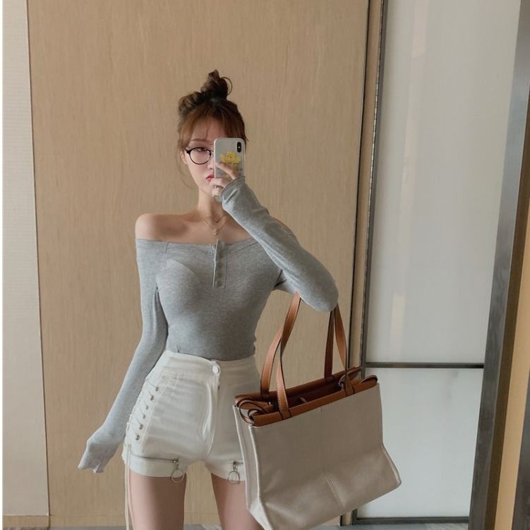 Áo Thun Tay Dài Hở Vai Dáng Ngắn Phong Cách Thời Trang Xuân Thu Mới