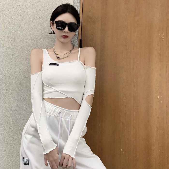 Jiashucheng Áo Thun Croptop Tay Dài Dáng Ôm Hở Vai Eo Cao Thời Trang Đường Phố