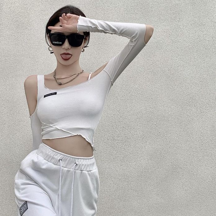 Jiashucheng Áo Thun Croptop Tay Dài Dáng Ôm Hở Vai Eo Cao Thời Trang Đường Phố