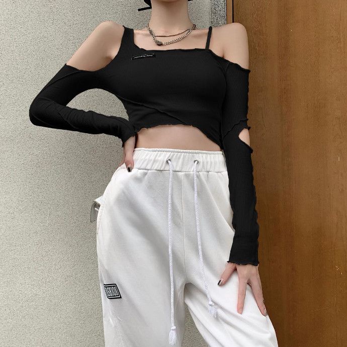 Jiashucheng Áo Thun Croptop Tay Dài Dáng Ôm Hở Vai Eo Cao Thời Trang Đường Phố