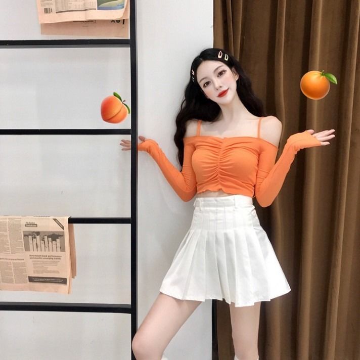 Jiashucheng Áo Thun Tay Dài Hở Vai Dáng Ôm Màu Trơn Thời Trang Mùa Thu Phong Cách Hàn Quốc Cho Nữ One