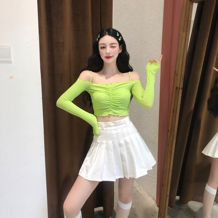 Jiashucheng Áo Thun Tay Dài Hở Vai Dáng Ôm Màu Trơn Thời Trang Mùa Thu Phong Cách Hàn Quốc Cho Nữ One