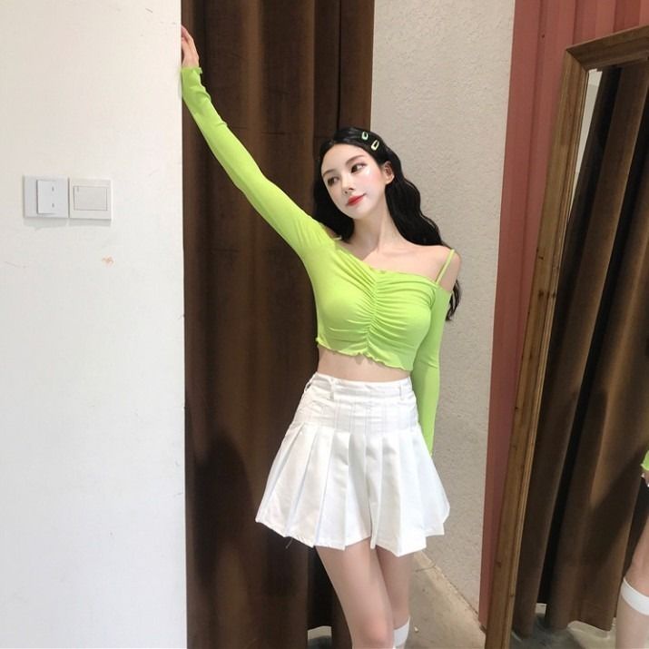 Jiashucheng Áo Thun Tay Dài Hở Vai Dáng Ôm Màu Trơn Thời Trang Mùa Thu Phong Cách Hàn Quốc Cho Nữ One