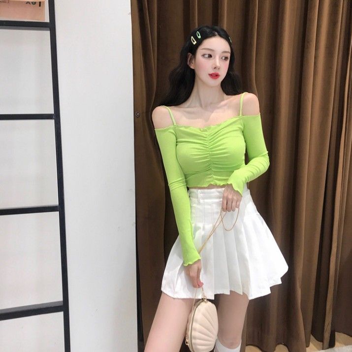 Jiashucheng Áo Thun Tay Dài Hở Vai Dáng Ôm Màu Trơn Thời Trang Mùa Thu Phong Cách Hàn Quốc Cho Nữ One