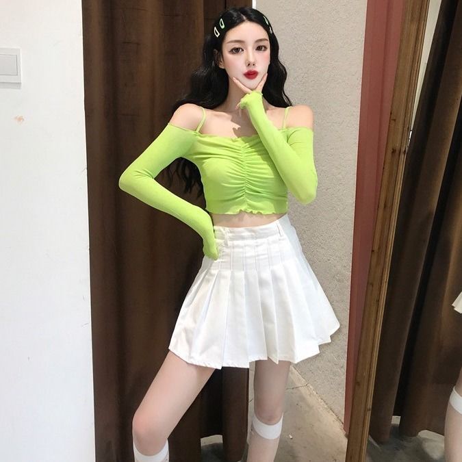 Jiashucheng Áo Thun Tay Dài Hở Vai Dáng Ôm Màu Trơn Thời Trang Mùa Thu Phong Cách Hàn Quốc Cho Nữ One