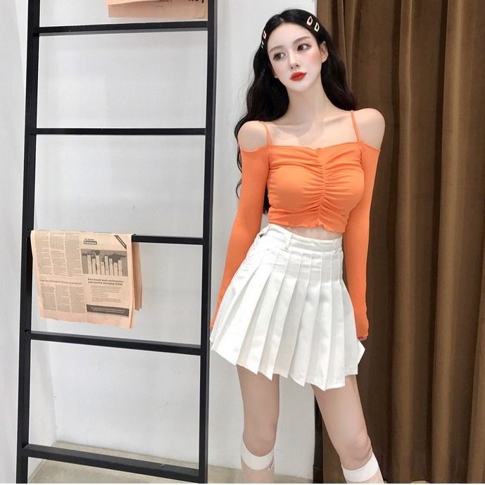 Jiashucheng Áo Thun Tay Dài Hở Vai Dáng Ôm Màu Trơn Thời Trang Mùa Thu Phong Cách Hàn Quốc Cho Nữ One