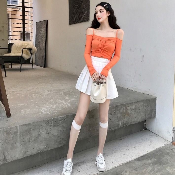 Jiashucheng Áo Thun Tay Dài Hở Vai Dáng Ôm Màu Trơn Thời Trang Mùa Thu Phong Cách Hàn Quốc Cho Nữ One