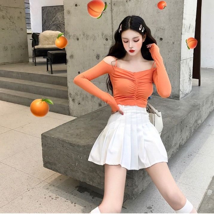 Jiashucheng Áo Thun Tay Dài Hở Vai Dáng Ôm Màu Trơn Thời Trang Mùa Thu Phong Cách Hàn Quốc Cho Nữ One