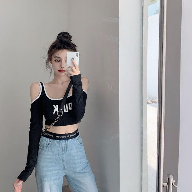 Áo Thun Tay Dài Hở Vai In Chữ Thời Trang Quyến Rũ Cho Nữ