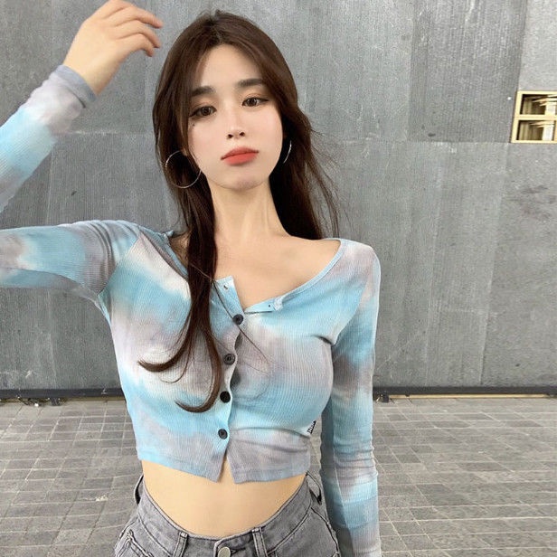 Áo Thun Tay Dài Dệt Kim Nhuộm Màu Dáng Ôm Thời Trang Mùa Thu Cho Nữ