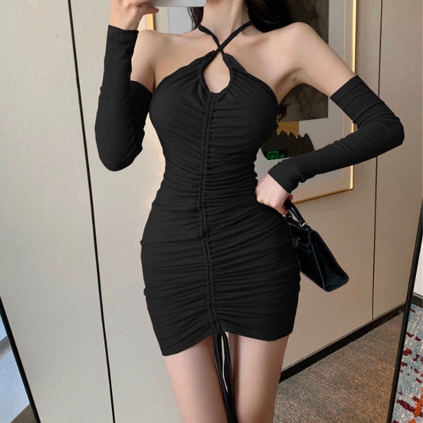 Jiashucheng Influencer Đầm Ôm Dáng Tay Dài Hở Vai Xếp Ly Ôm Hông Thời Trang Xuân Thu Cho Nữ @