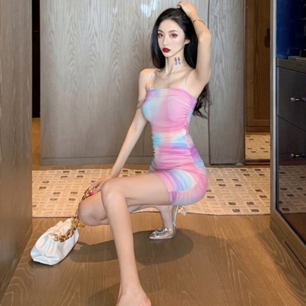 Jiashucheng Đầm Ôm Hai Dây Hở Lưng Màu Gradient Gợi Cảm Phong Cách Mới Mùa Hè