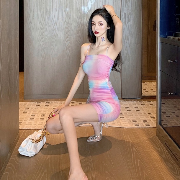 Jiashucheng Đầm Ôm Hai Dây Hở Lưng Màu Gradient Gợi Cảm Phong Cách Mới Mùa Hè