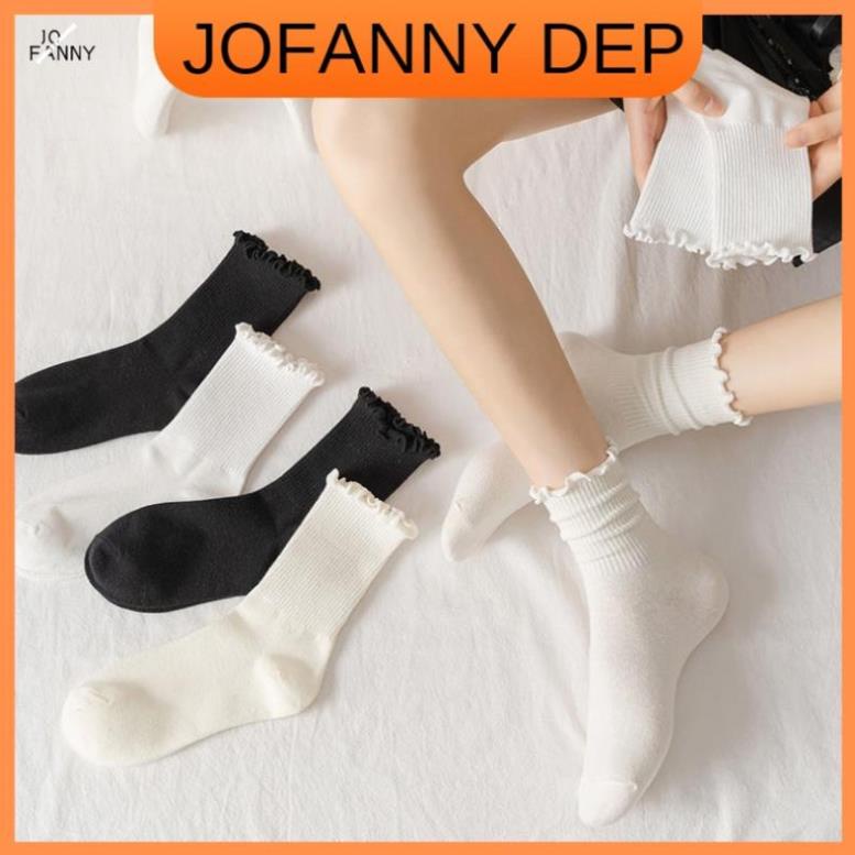 tất Vớ ống giữa ren trắng nữ cổ cao Cách Nhật cả nam và nữ trắng/be/đen ba màu tùy chọn