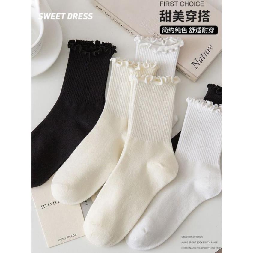 tất Vớ ống giữa ren trắng nữ cổ cao Cách Nhật cả nam và nữ trắng/be/đen ba màu tùy chọn