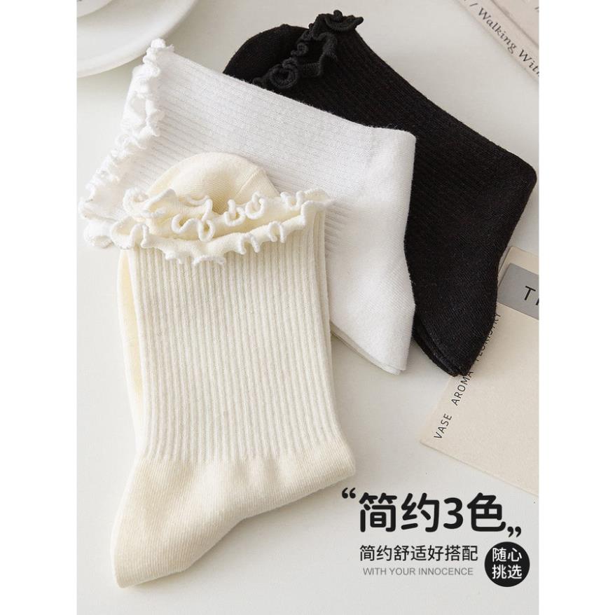 tất Vớ ống giữa ren trắng nữ cổ cao Cách Nhật cả nam và nữ trắng/be/đen ba màu tùy chọn
