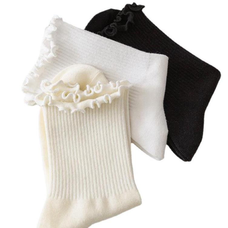 tất Vớ ống giữa ren trắng nữ cổ cao Cách Nhật cả nam và nữ trắng/be/đen ba màu tùy chọn