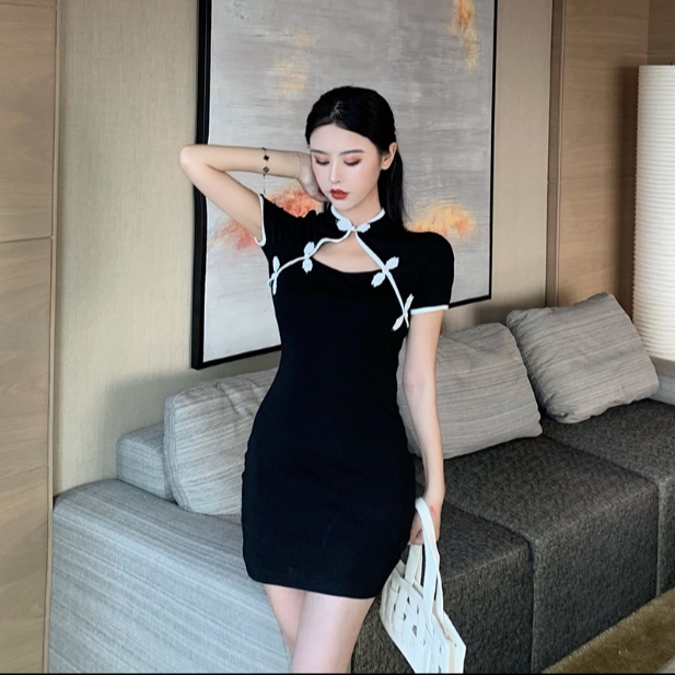 Jiashucheng Đầm Ôm Dáng Tay Ngắn Phối Khóa Cài Khoét Rỗng Gợi Cảm Thời Trang Phong Cách Mới Cho Nữ @ -