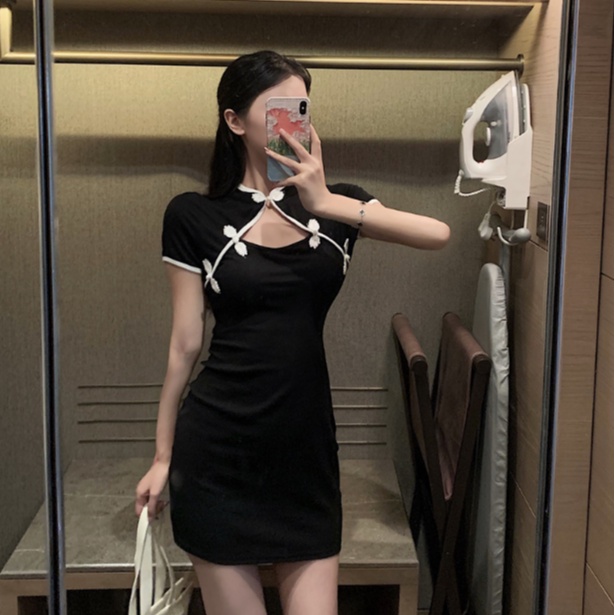 Jiashucheng Đầm Ôm Dáng Tay Ngắn Phối Khóa Cài Khoét Rỗng Gợi Cảm Thời Trang Phong Cách Mới Cho Nữ @ -