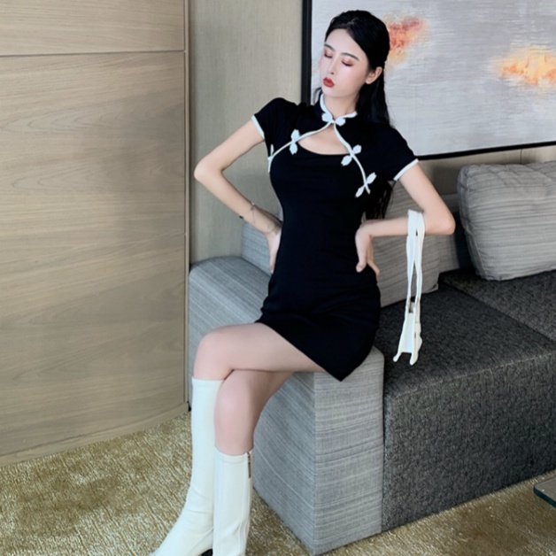 Jiashucheng Đầm Ôm Dáng Tay Ngắn Phối Khóa Cài Khoét Rỗng Gợi Cảm Thời Trang Phong Cách Mới Cho Nữ @ -