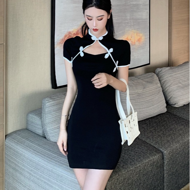 Jiashucheng Đầm Ôm Dáng Tay Ngắn Phối Khóa Cài Khoét Rỗng Gợi Cảm Thời Trang Phong Cách Mới Cho Nữ @ -