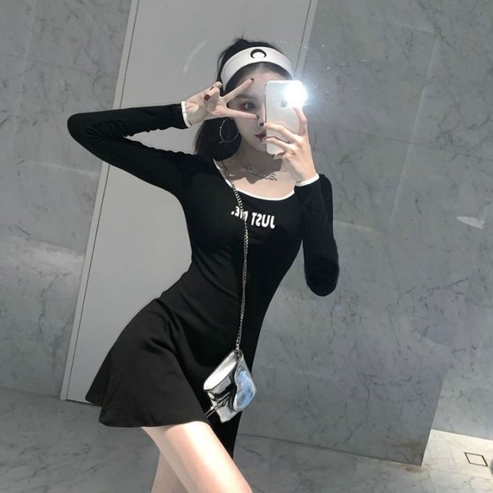 Jiashucheng Đầm Dáng Ôm Lưng Cao Màu Sắc Phong Cách Hàn Quốc Thời Trang Xuân Thu Cho Nữ