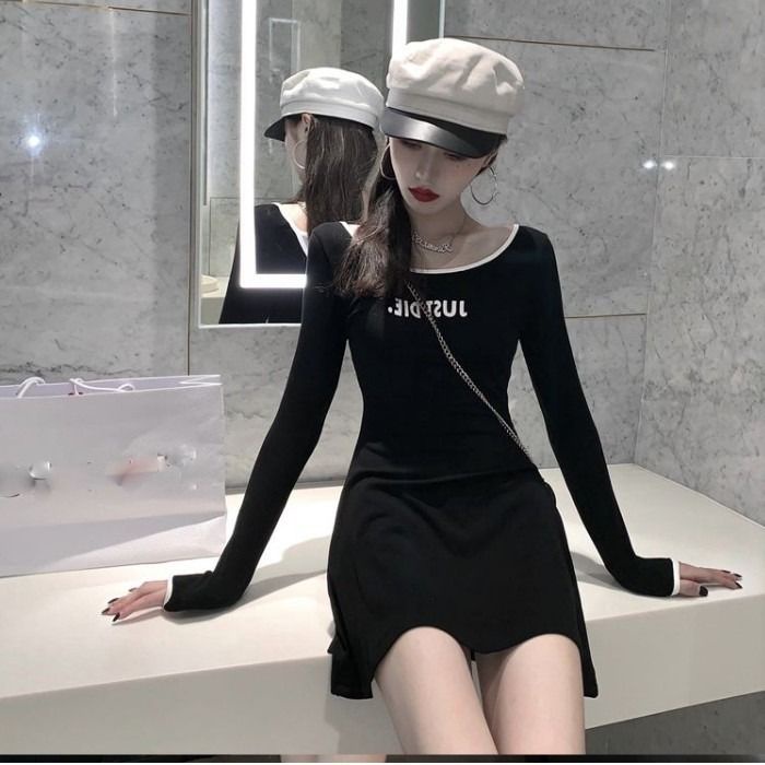 Jiashucheng Đầm Dáng Ôm Lưng Cao Màu Sắc Phong Cách Hàn Quốc Thời Trang Xuân Thu Cho Nữ