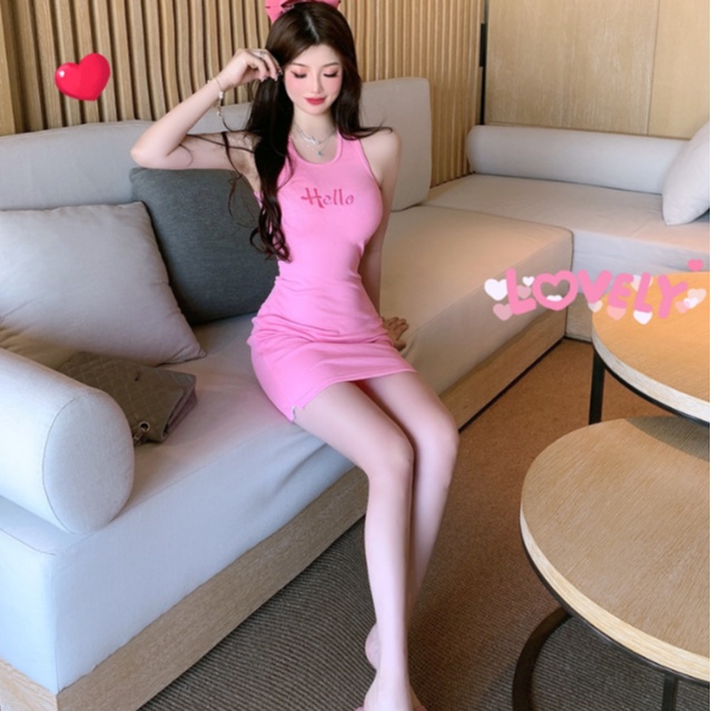 Jiashucheng Váy Ngắn Không Tay Xẻ Tà Ôm Dáng Thêu Chữ Phong Cách Thể Thao Hàn Quốc Thời Trang Mùa Hè Hàng Mới Jiashucheng