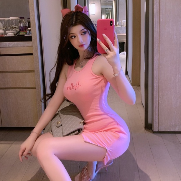 Jiashucheng Váy Ngắn Không Tay Xẻ Tà Ôm Dáng Thêu Chữ Phong Cách Thể Thao Hàn Quốc Thời Trang Mùa Hè Hàng Mới Jiashucheng