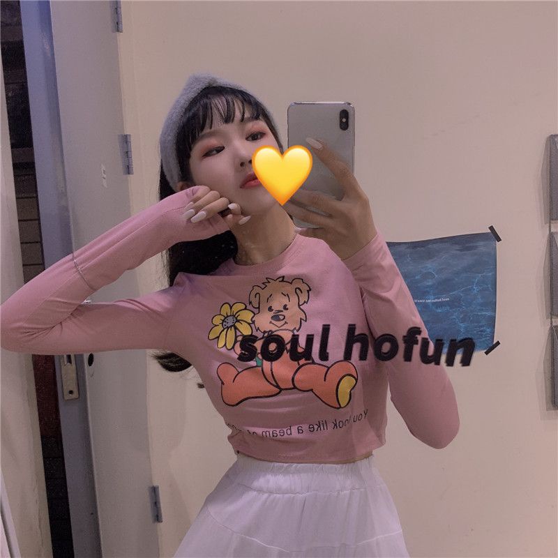 Áo Thun Lửng Tay Dài Eo Cao In Họa Tiết Dễ Thương Thời Trang Xuân Thu Cho Nữ