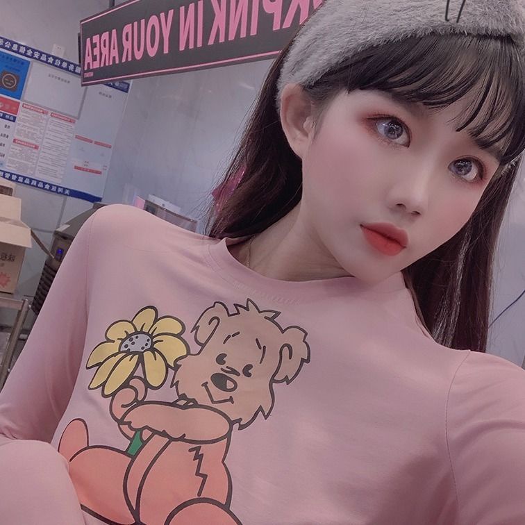 Áo Thun Lửng Tay Dài Eo Cao In Họa Tiết Dễ Thương Thời Trang Xuân Thu Cho Nữ