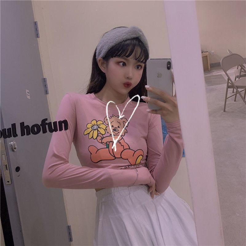 Áo Thun Lửng Tay Dài Eo Cao In Họa Tiết Dễ Thương Thời Trang Xuân Thu Cho Nữ