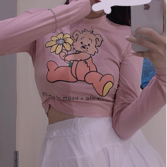 Áo Thun Lửng Tay Dài Eo Cao In Họa Tiết Dễ Thương Thời Trang Xuân Thu Cho Nữ