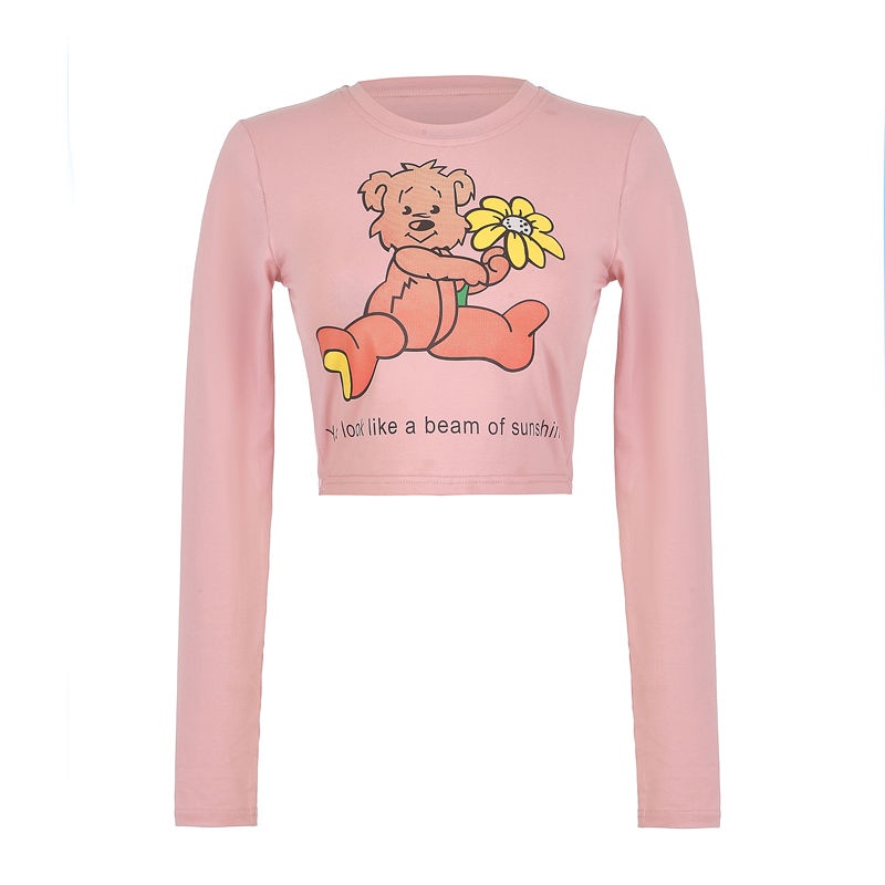 Áo Thun Lửng Tay Dài Eo Cao In Họa Tiết Dễ Thương Thời Trang Xuân Thu Cho Nữ