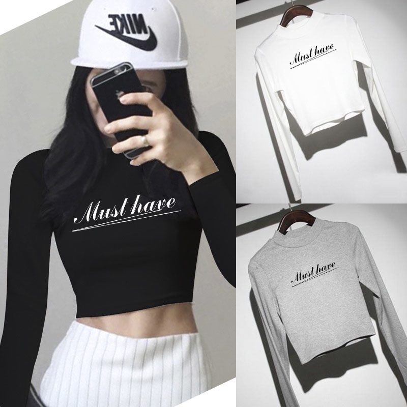 Jiashucheng Áo Thun Tay Dài Dáng Ôm Eo Cao Hở Rốn Phong Cách Mới Cho Nữ Sinh @