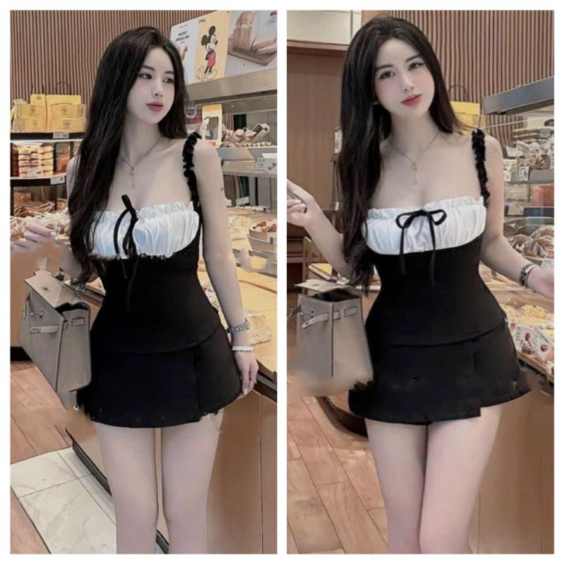 Đầm Xinh Chất Gân Tùng Xoè Ngực Phối Bèo Nơ Tiểu Thư Xẻ 1 bên . Mã LP04585D