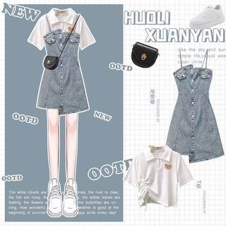 Bộ áo thun tay ngắn plus size + chân váy yếm denim phong cách phương tây thời trang 2022 cho nữ#0627#