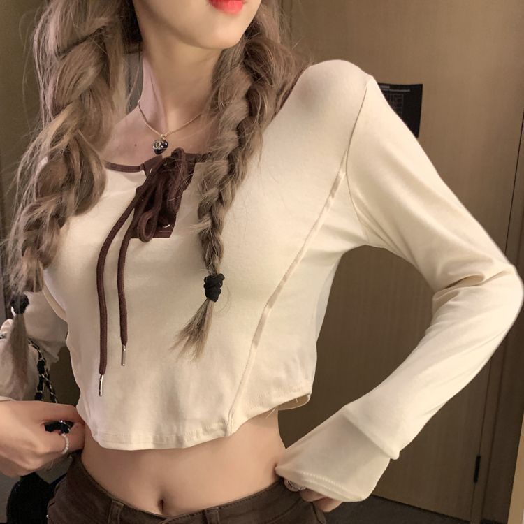 Jiashucheng Áo Thun Tay Dài Dáng Ôm Cột Dây Mùa Thu Phong Cách Mới Cho Nữ