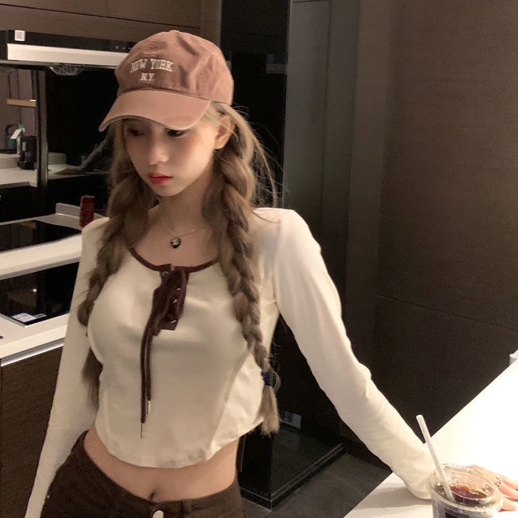 Jiashucheng Áo Thun Tay Dài Dáng Ôm Cột Dây Mùa Thu Phong Cách Mới Cho Nữ