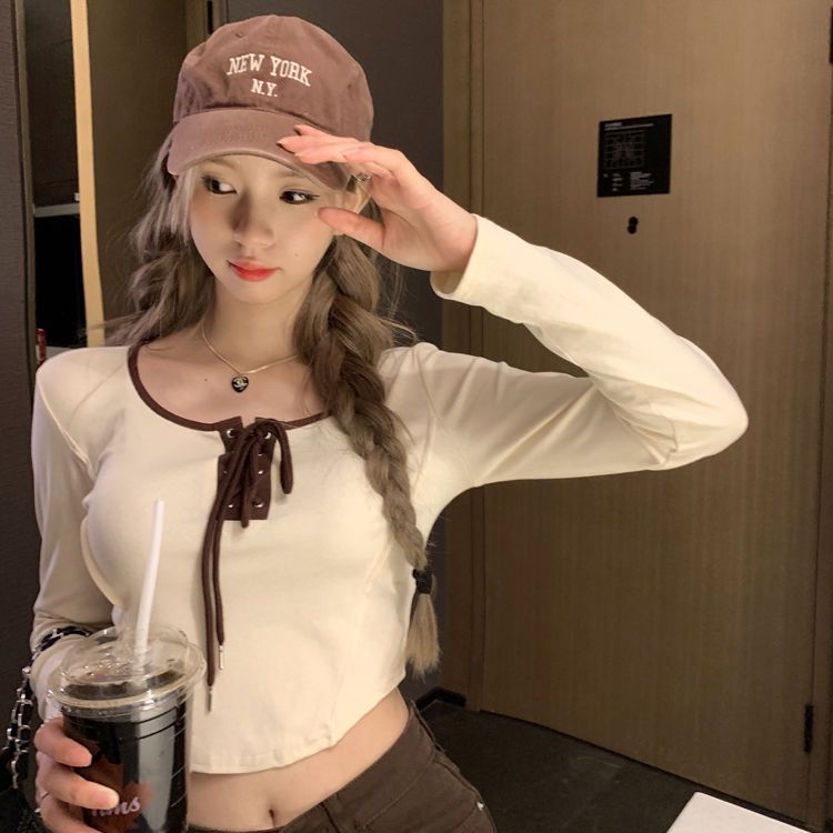 Jiashucheng Áo Thun Tay Dài Dáng Ôm Cột Dây Mùa Thu Phong Cách Mới Cho Nữ