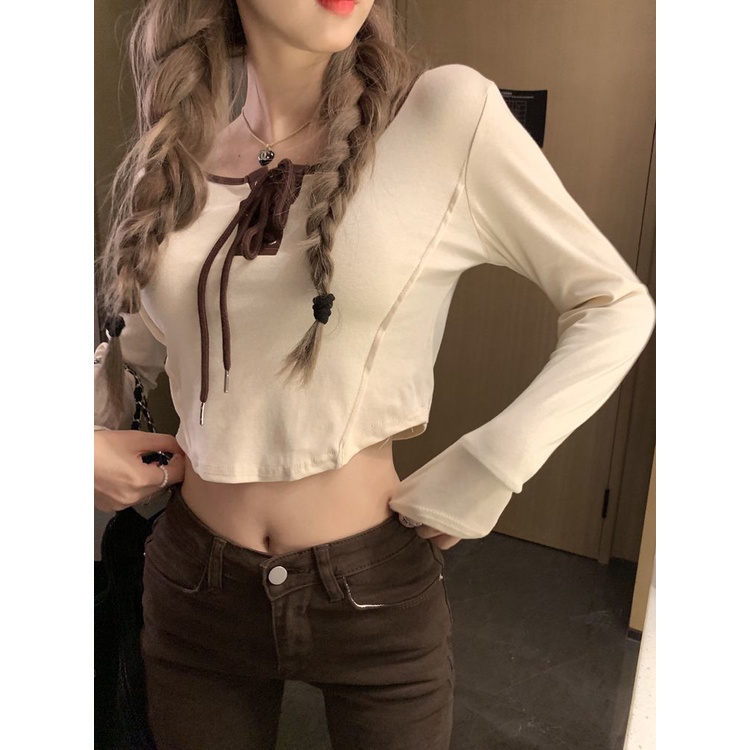 Jiashucheng Áo Thun Tay Dài Dáng Ôm Cột Dây Mùa Thu Phong Cách Mới Cho Nữ