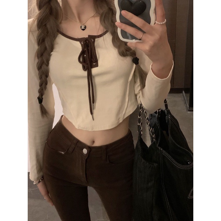 Jiashucheng Áo Thun Tay Dài Dáng Ôm Cột Dây Mùa Thu Phong Cách Mới Cho Nữ