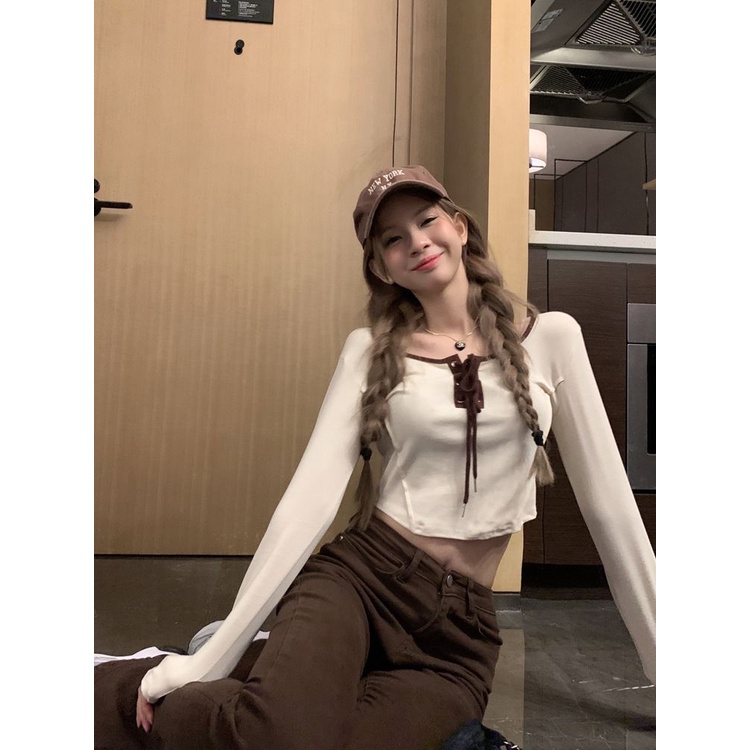 Jiashucheng Áo Thun Tay Dài Dáng Ôm Cột Dây Mùa Thu Phong Cách Mới Cho Nữ