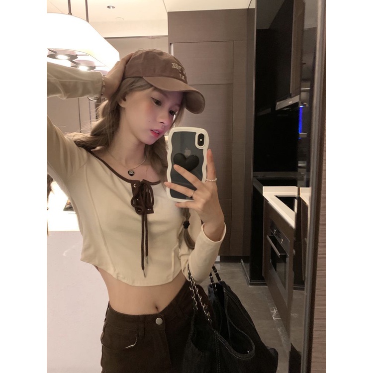 Jiashucheng Áo Thun Tay Dài Dáng Ôm Cột Dây Mùa Thu Phong Cách Mới Cho Nữ