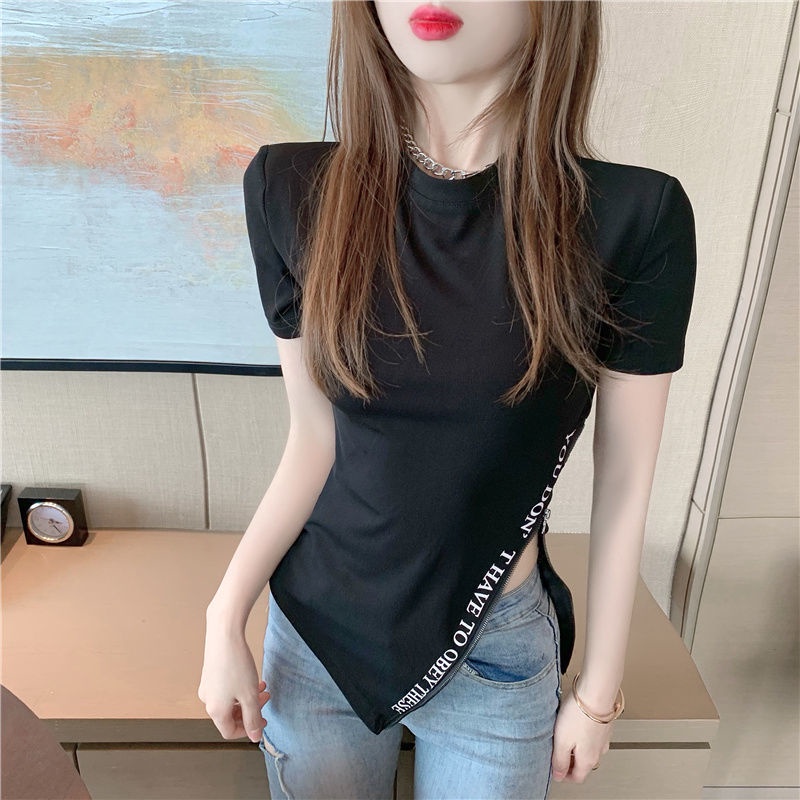 Áo Thun Ngắn Tay Xẻ Tà Ôm Eo Phối Khóa Kéo Phong Cách Mới Cho Nữ