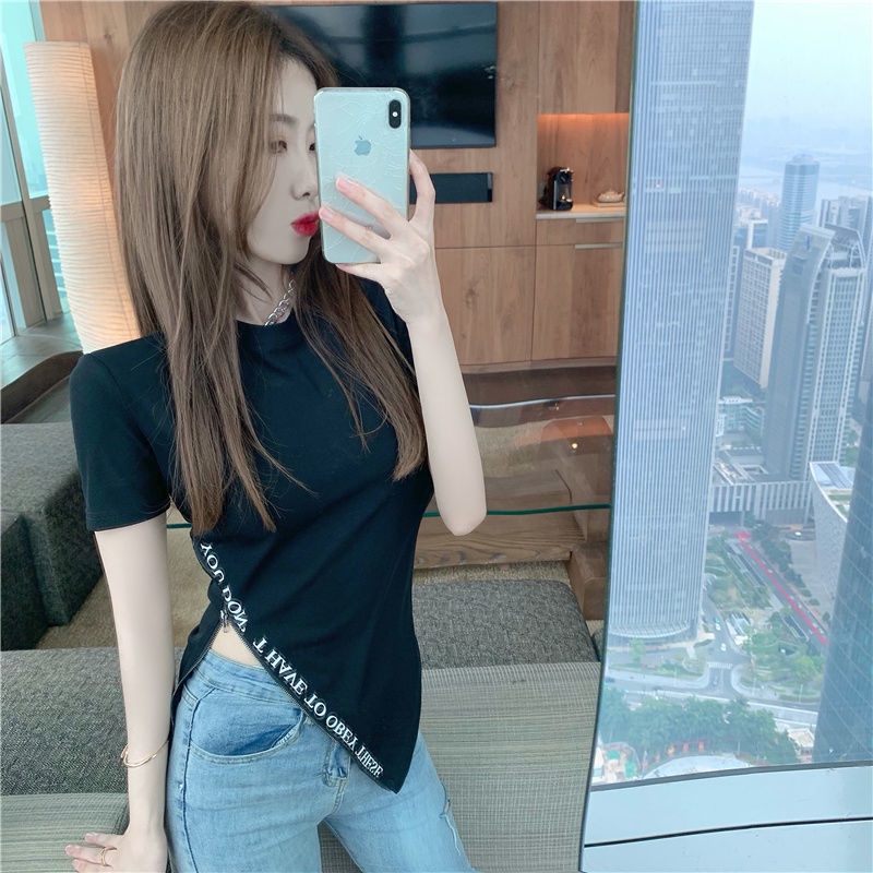 Áo Thun Ngắn Tay Xẻ Tà Ôm Eo Phối Khóa Kéo Phong Cách Mới Cho Nữ