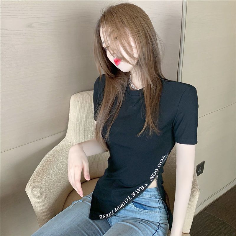Áo Thun Ngắn Tay Xẻ Tà Ôm Eo Phối Khóa Kéo Phong Cách Mới Cho Nữ
