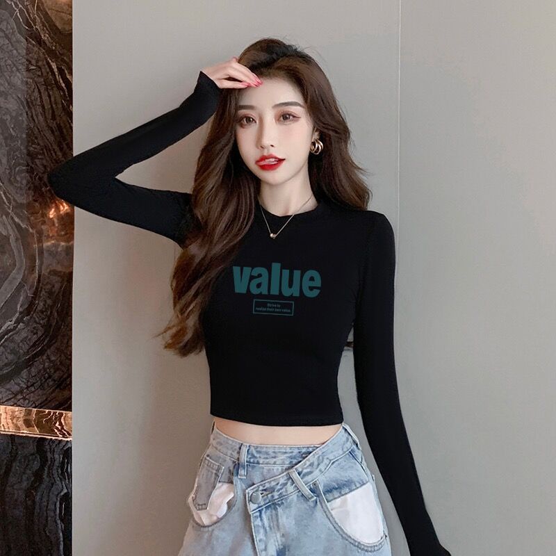 Áo Thun Đen Tay Dài Eo Cao Ôm Sát Quyến Rũ Trẻ Trung Hợp Thời Trang Cho Bạn Gái