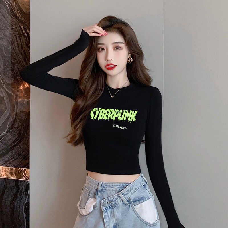 Áo Thun Đen Tay Dài Eo Cao Ôm Sát Quyến Rũ Trẻ Trung Hợp Thời Trang Cho Bạn Gái