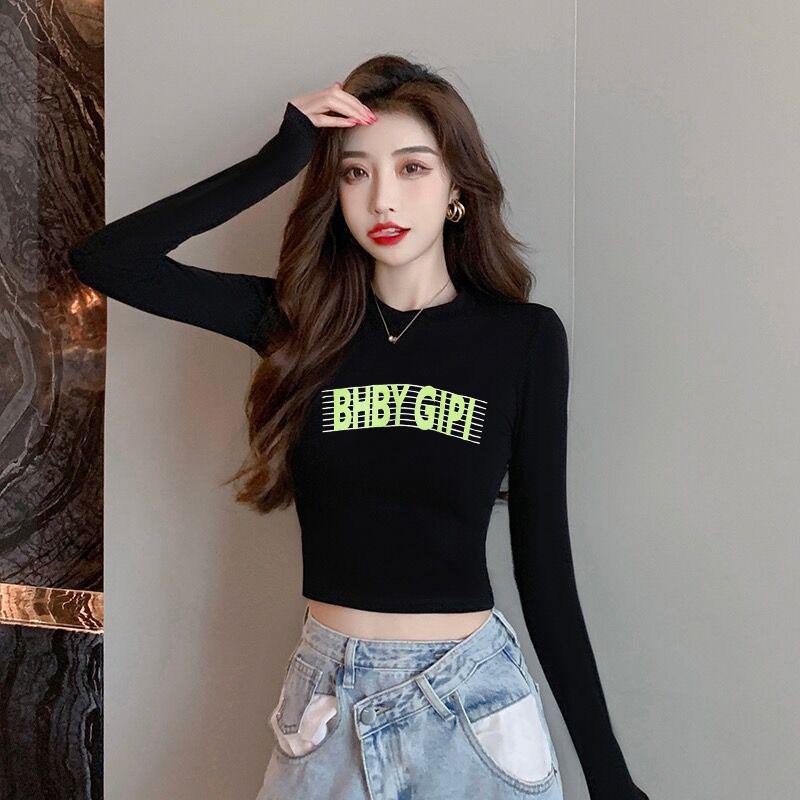 Áo Thun Đen Tay Dài Eo Cao Ôm Sát Quyến Rũ Trẻ Trung Hợp Thời Trang Cho Bạn Gái